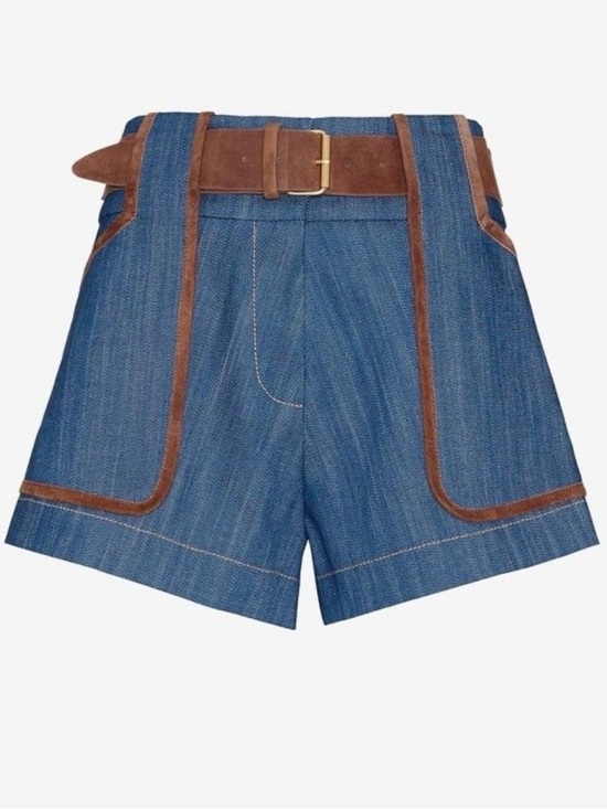 10 Crosby Derek Lam Pants - Derek Lam 10 Crosby INTERMIX Shorts Blue HR DARK Wash Saddle Brown Leather Sz 0